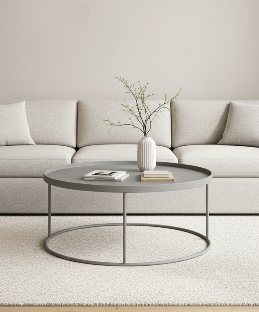 Modern living room with a beige sofa and round grey coffee table.
