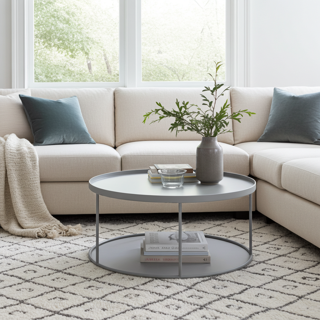 Modern living room with a beige sectional sofa, round grey coffee table, and decorative items.