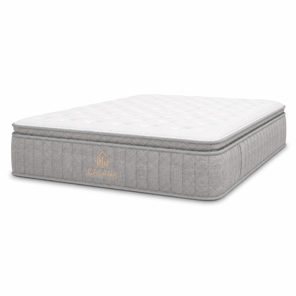 A Casana mattress with a white quilted top and a grey side, featuring the Casana brand logo embroidered in gold on the side, set against a plain white background.