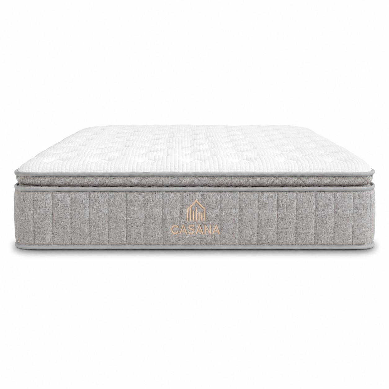 A Casana mattress with a white quilted top and a grey side, featuring the Casana brand logo embroidered in gold on the side, set against a plain white background.