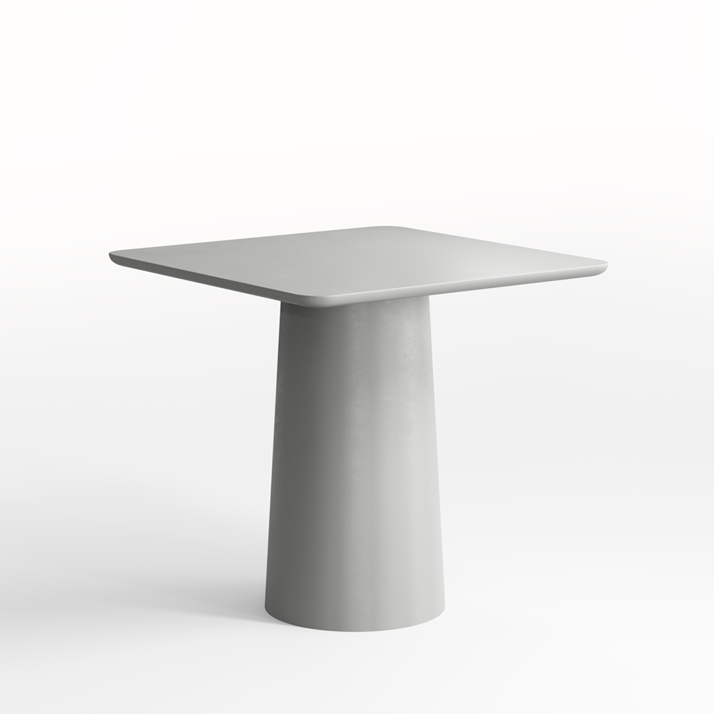 grey dining table with cylindrical base on a white background