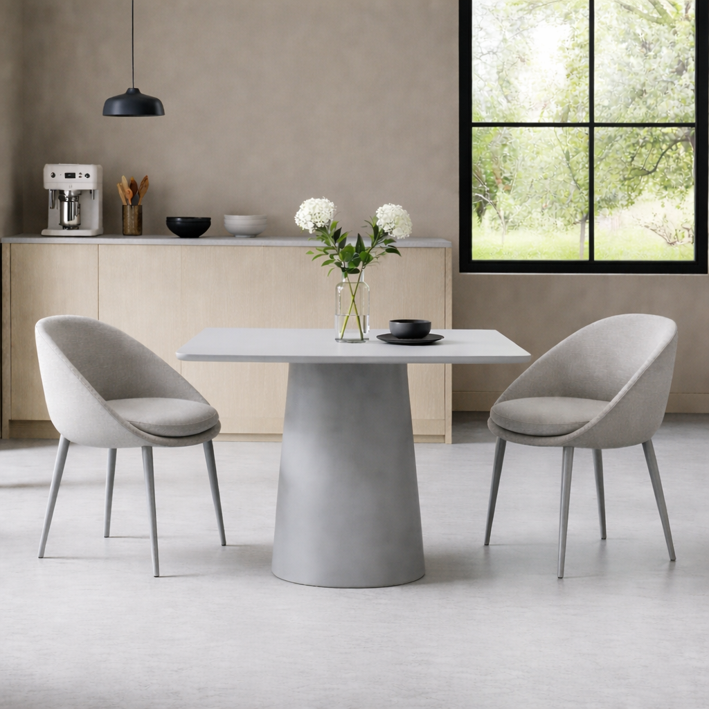 Modern dining area with a grey table and chairs in a well-lit room.