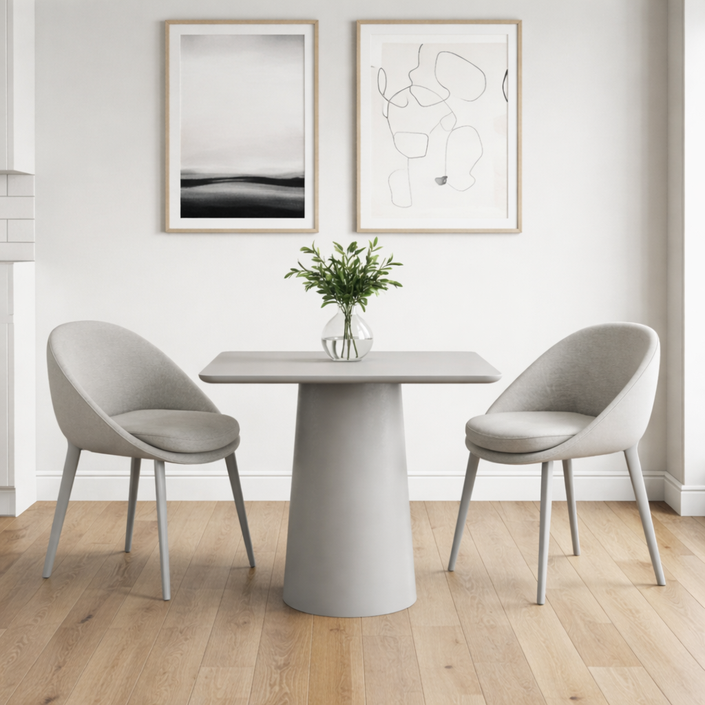 Modern dining set with a round table and two chairs in a minimalistic room.