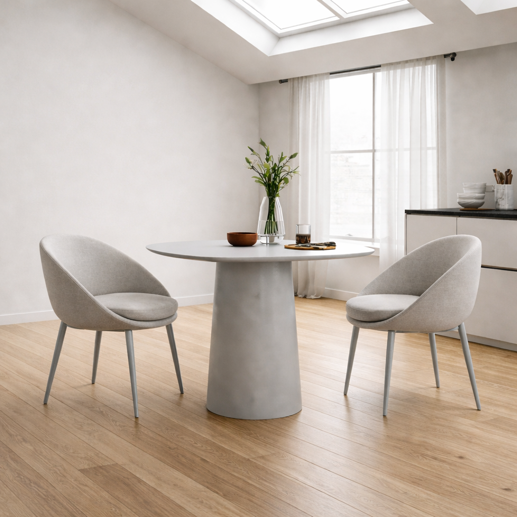 Modern dining area with a round concrete table and grey chairs in a bright room.