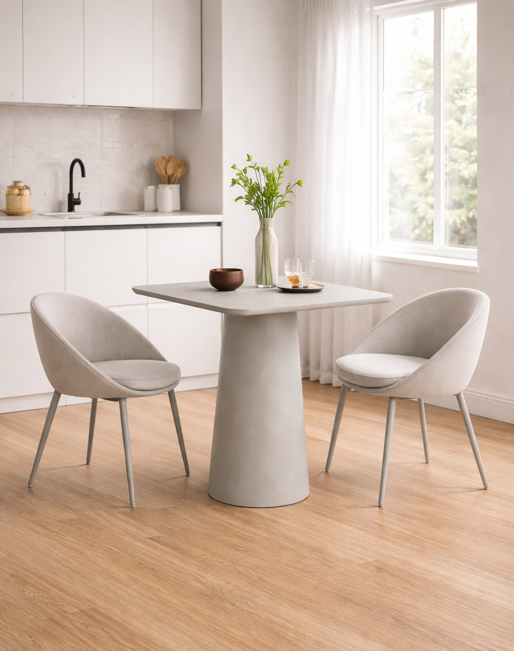 Modern kitchen with a dining table and 2 chairs on a wooden floor.
