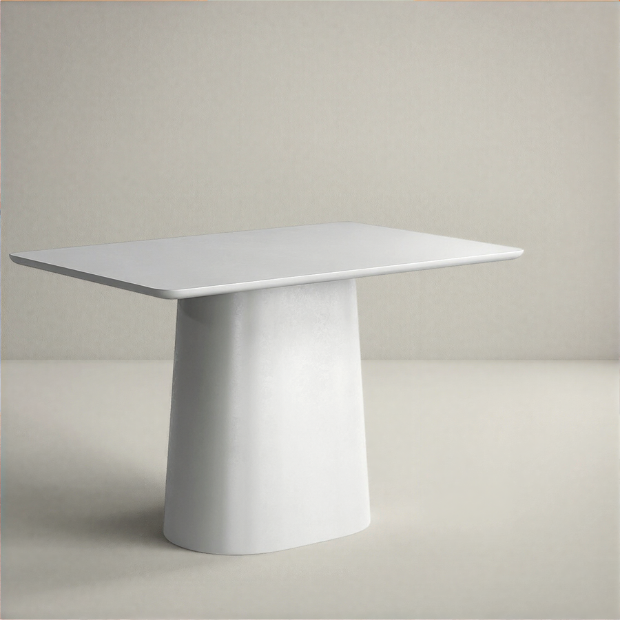 Modern grey dining table with a cylindrical base on a plain background