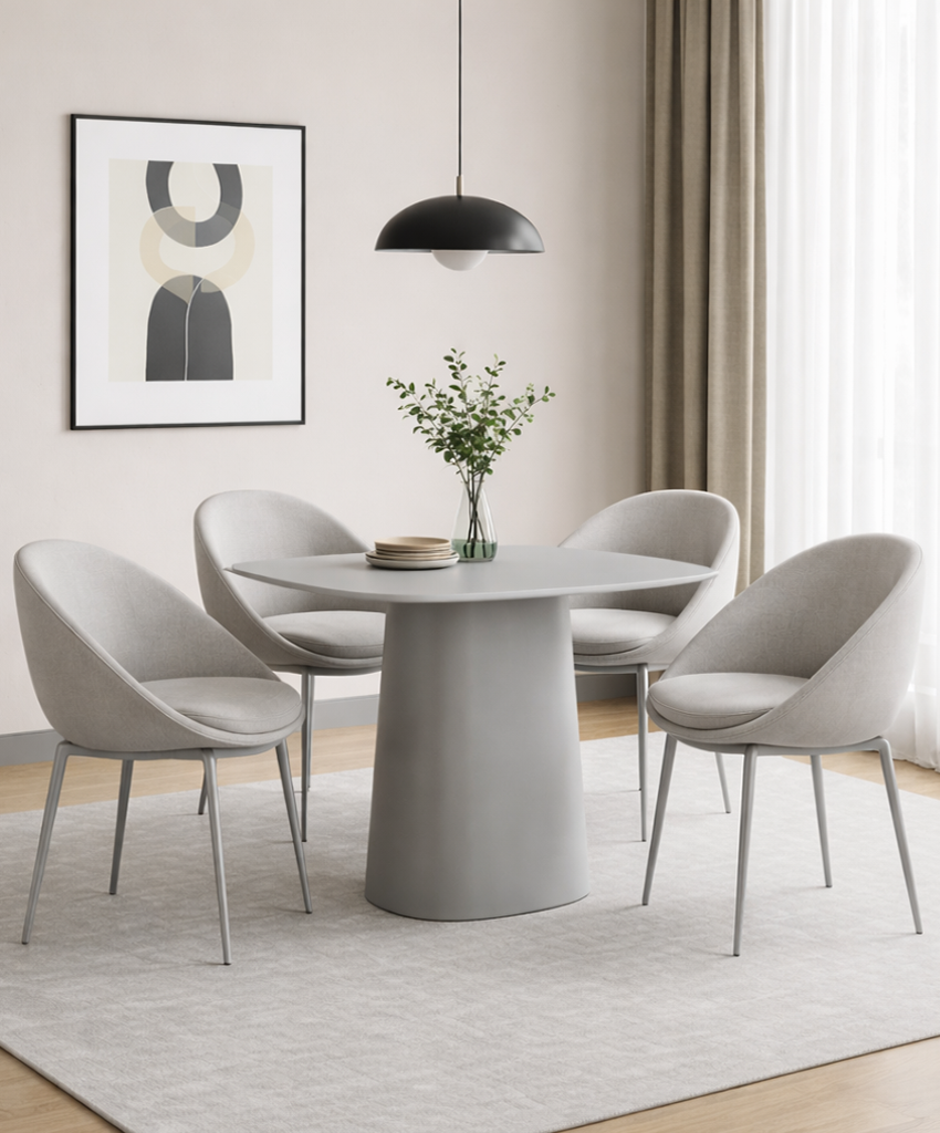 Modern dining room with a round grey table and four matching chairs.
