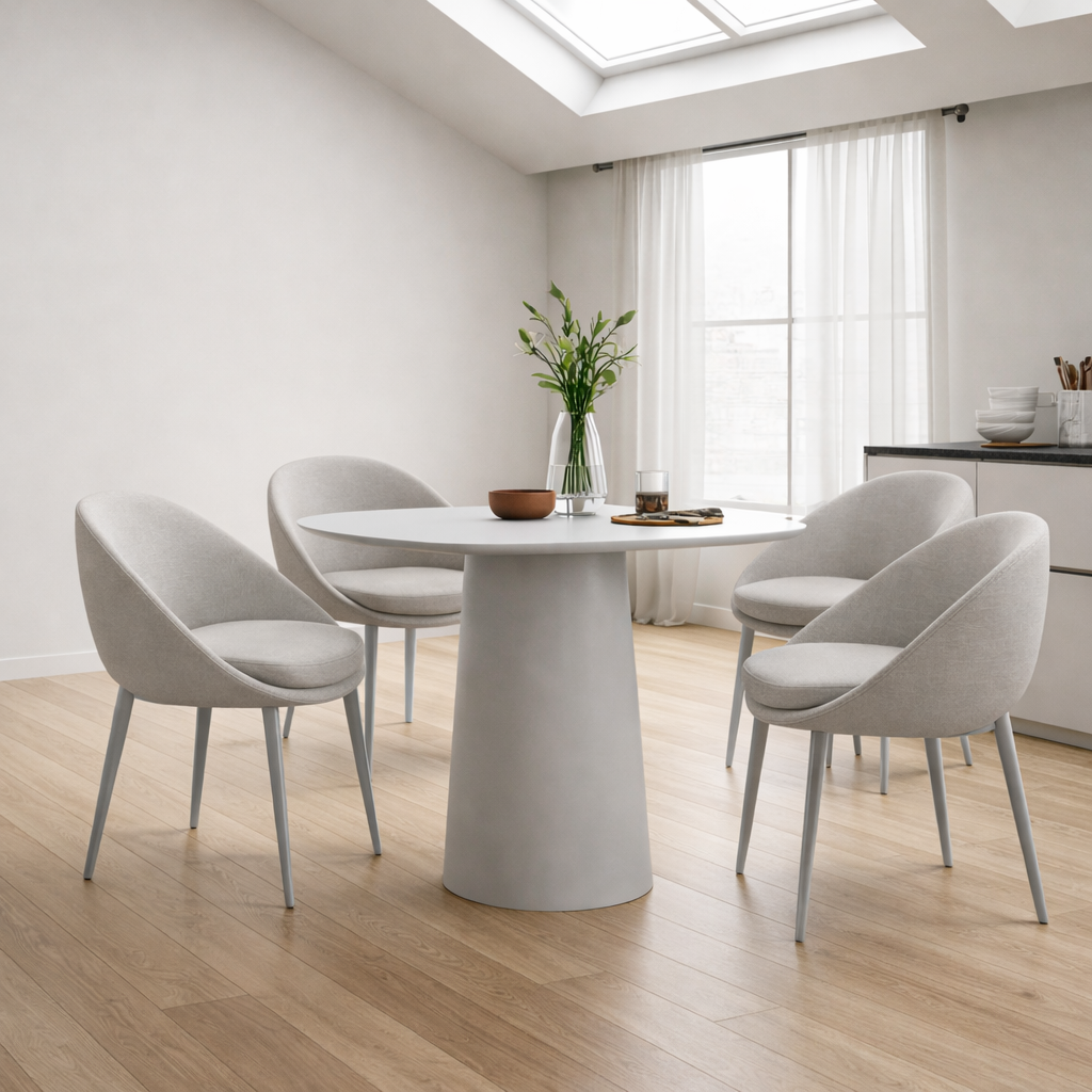 Modern dining room with a round table and four chairs in a well-lit room.
