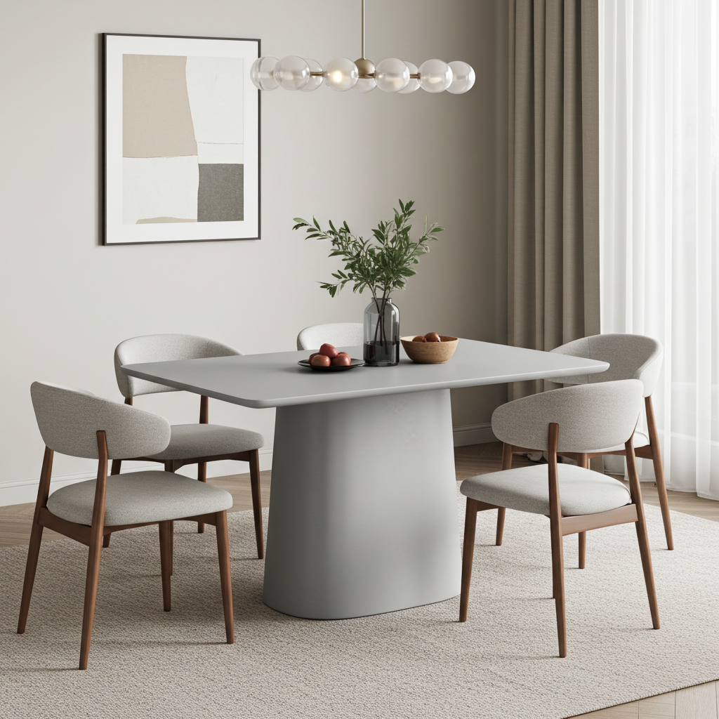 Modern dining room with a grey table and chairs, featuring a vase with greenery on the table.