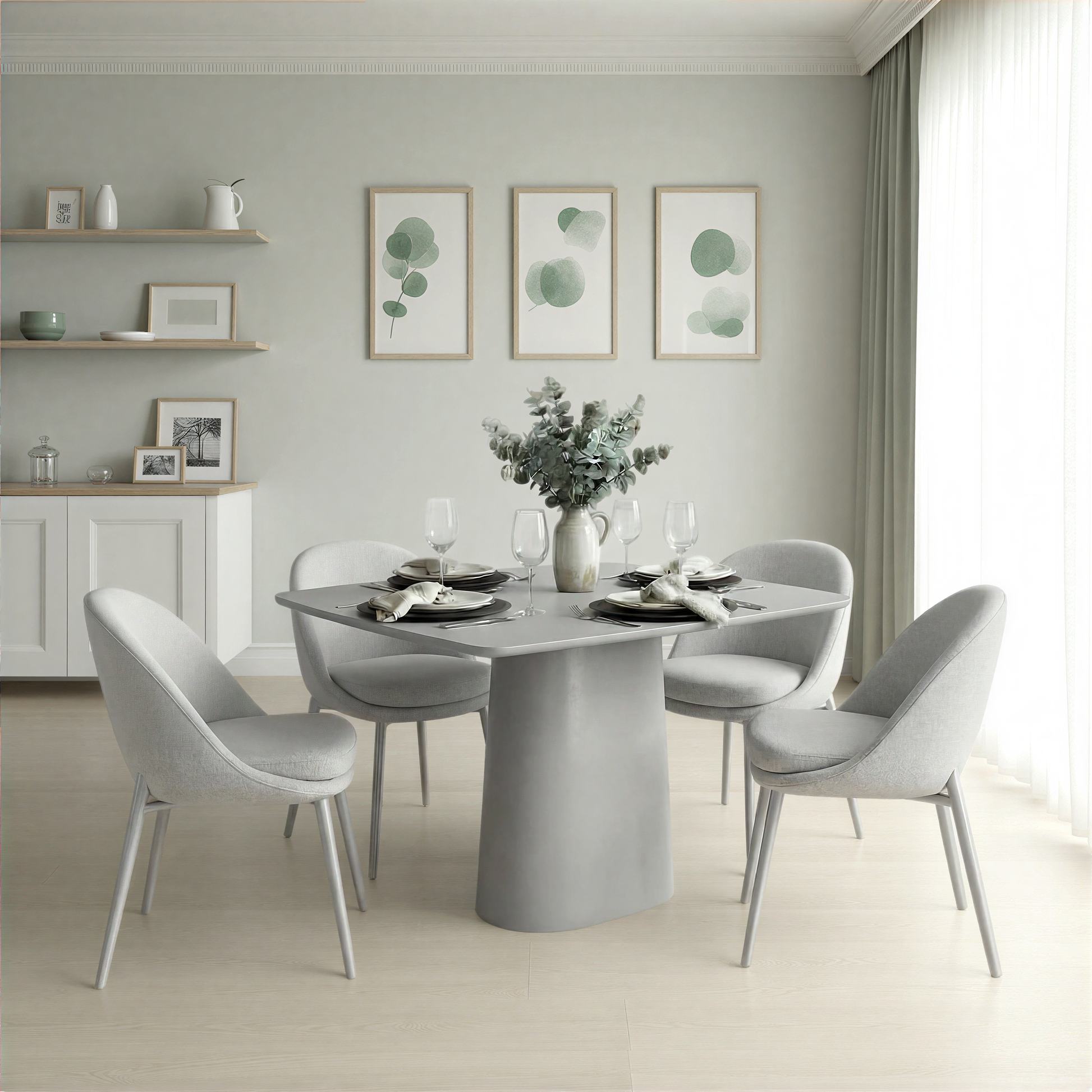 Modern dining room with a grey table and chairs, light gray walls, and decorative elements.