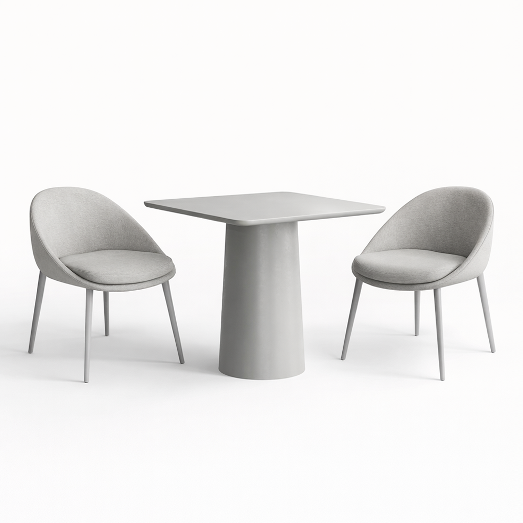 Two grey chairs and a square table on a white background
