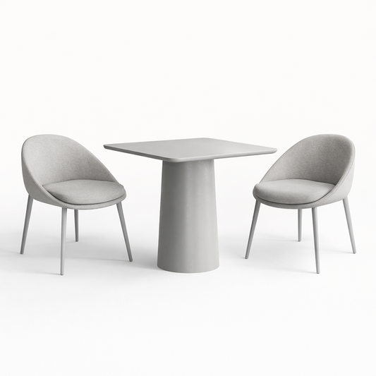 Two grey chairs and a square table on a white background