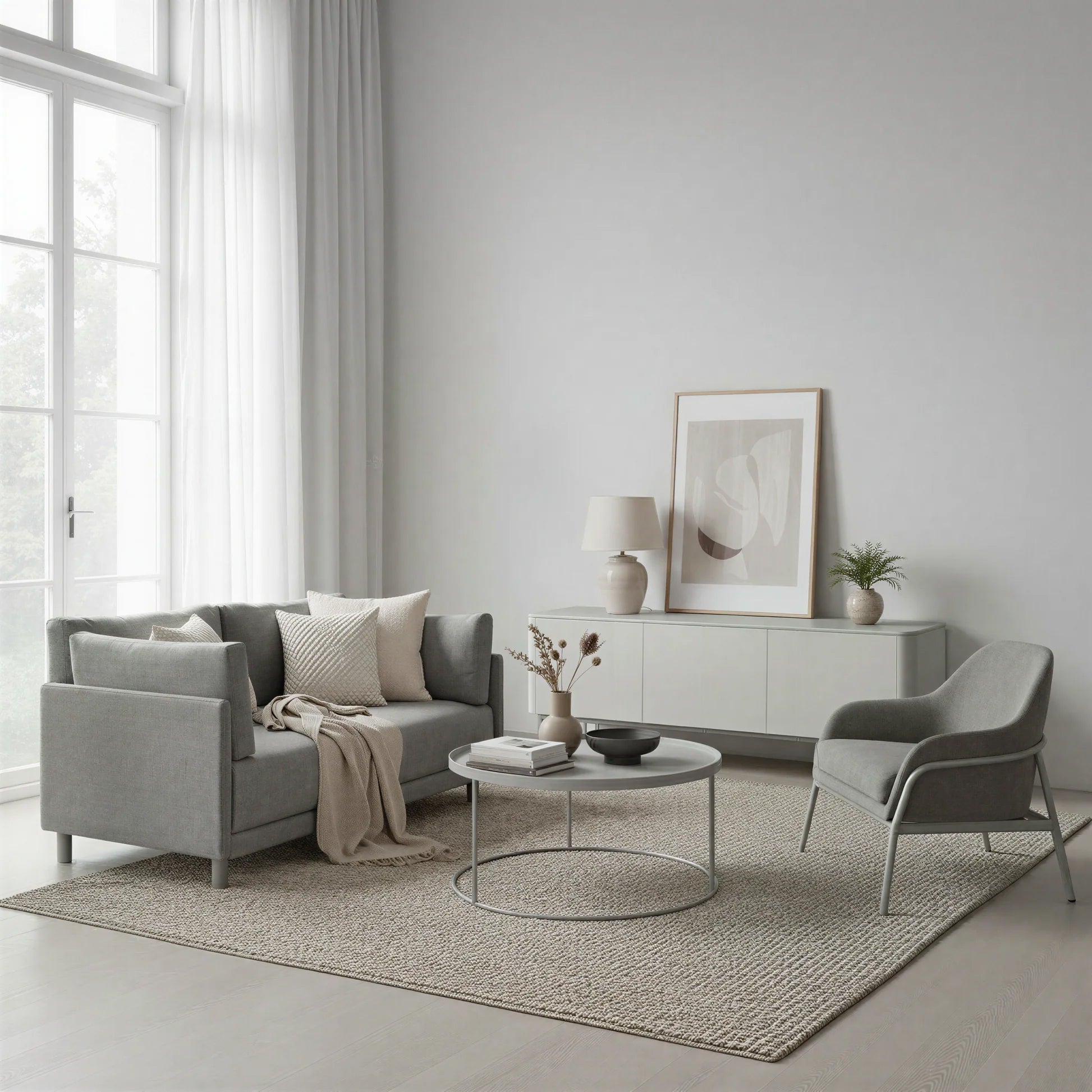 Grey living room furniture set with sofa, armchair, tv unit and coffee table in a modern living room.