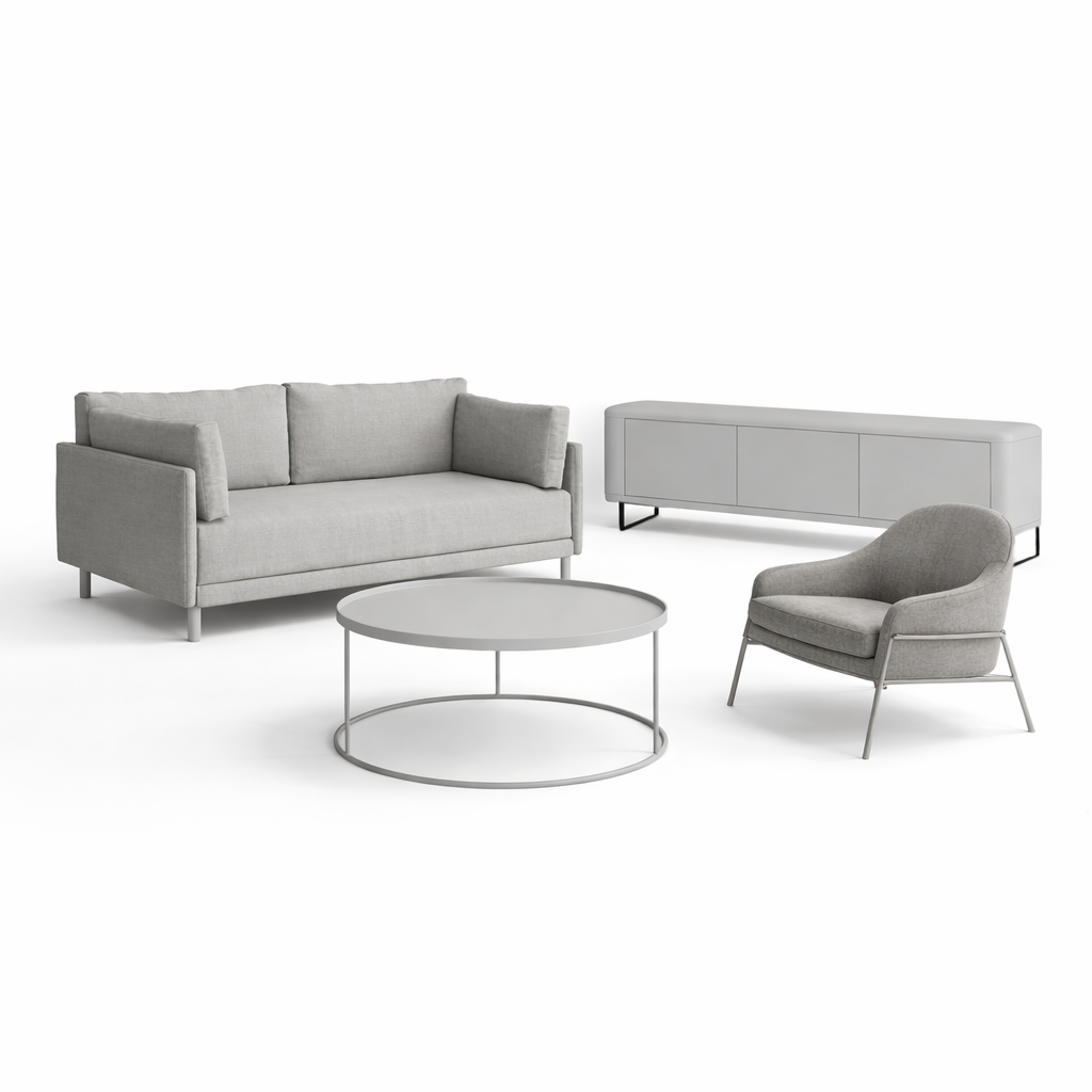 Grey living room furniture set with sofa, armchair, tv unit and coffee table on a white background.