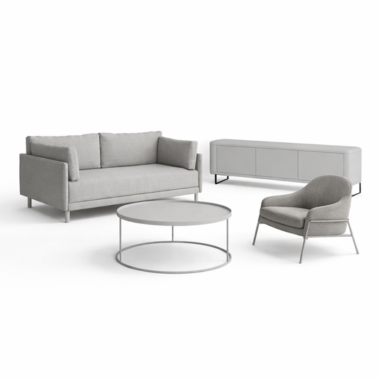 Grey living room furniture set with sofa, armchair, tv unit and coffee table on a white background.