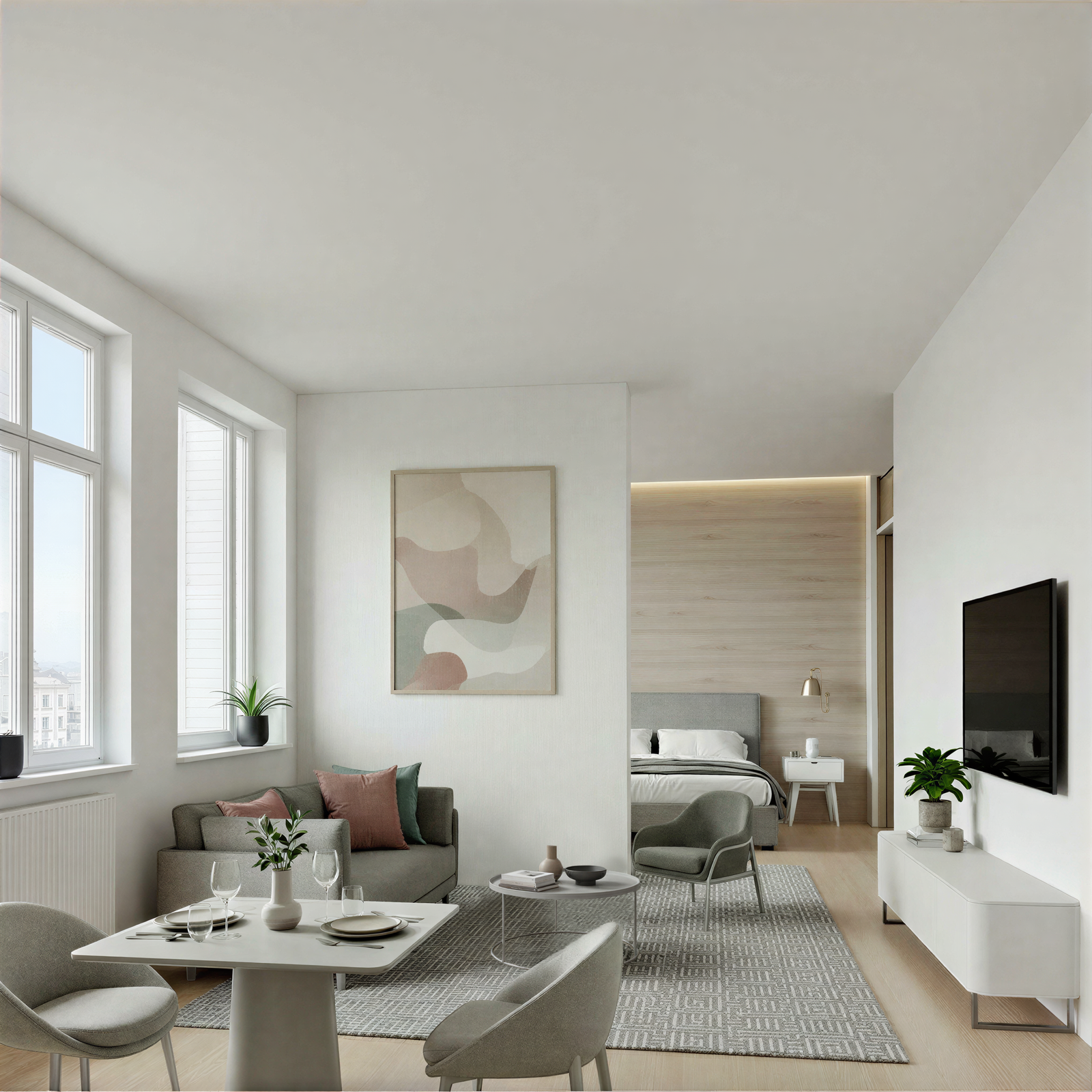 Modern open plan 1 bedroom apartment in grey tones featuring a living, dining and bedroom furniture.