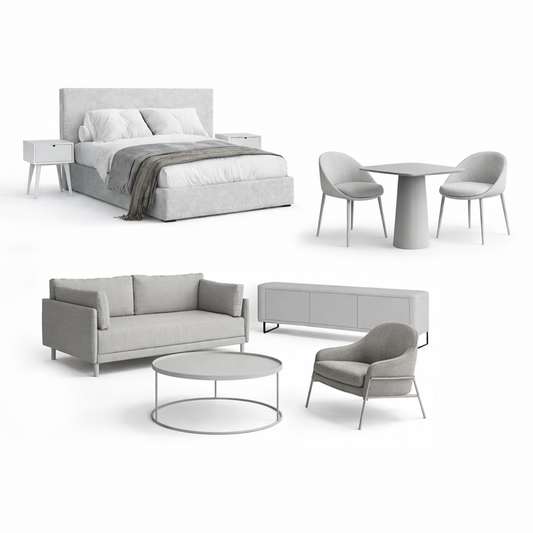 White background image showing furniture package contents of a bed/nightstands, dining table and 2 chairs, sofa, armchair, coffee table and tv unit. 