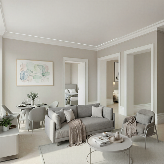 Modern open plan 3 bedroom apartment in grey tones featuring a living, dining and bedroom furniture.