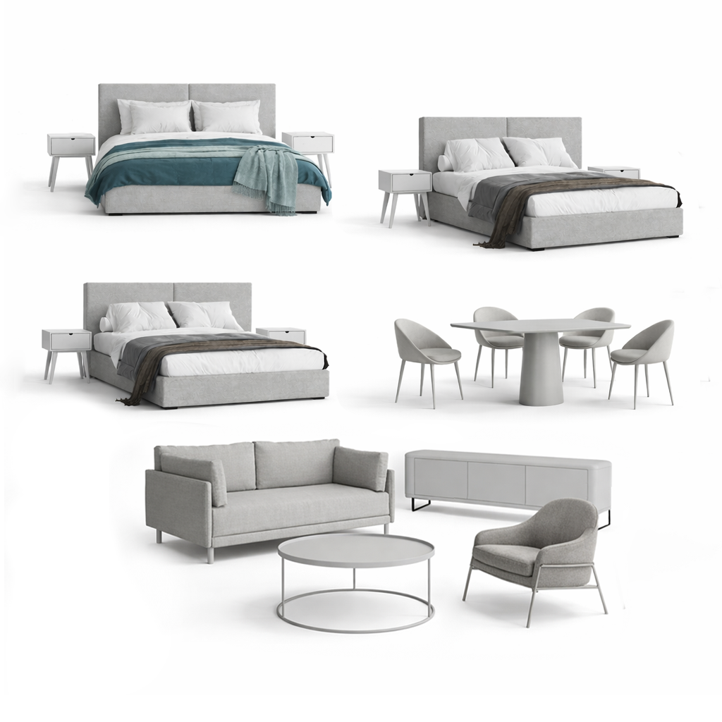 White background image showing furniture package contents of 2 beds/nightstands, dining table and 4 chairs, sofa, armchair, coffee table and tv unit. 