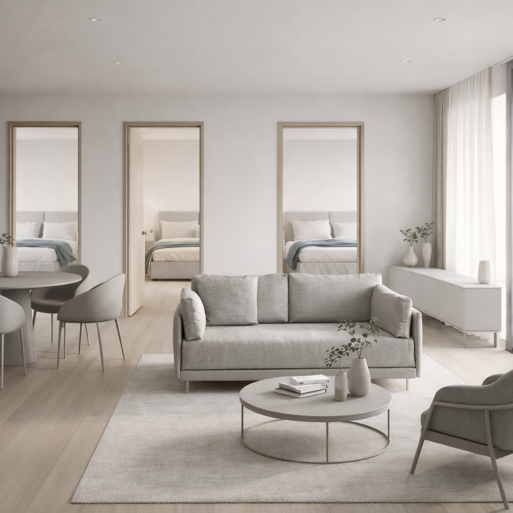Modern open plan 3 bedroom apartment in neutral tones featuring a living, dining and bedroom furniture.