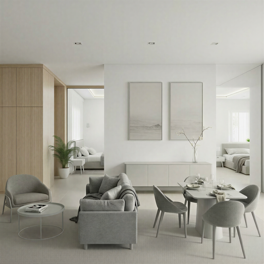 Modern open plan 2 bedroom apartment in grey tones featuring a living, dining and bedroom furniture.