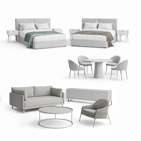 White background image showing furniture package contents of 2 beds/nightstands, dining table and 4 chairs, sofa, armchair, coffee table and tv unit. 