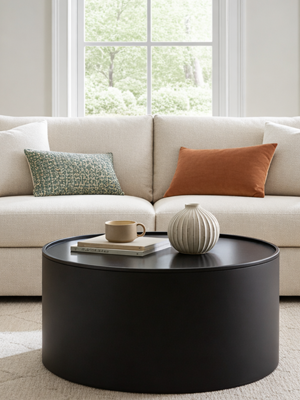 Black round coffee table in a living room with a beige sofa and decorative items.