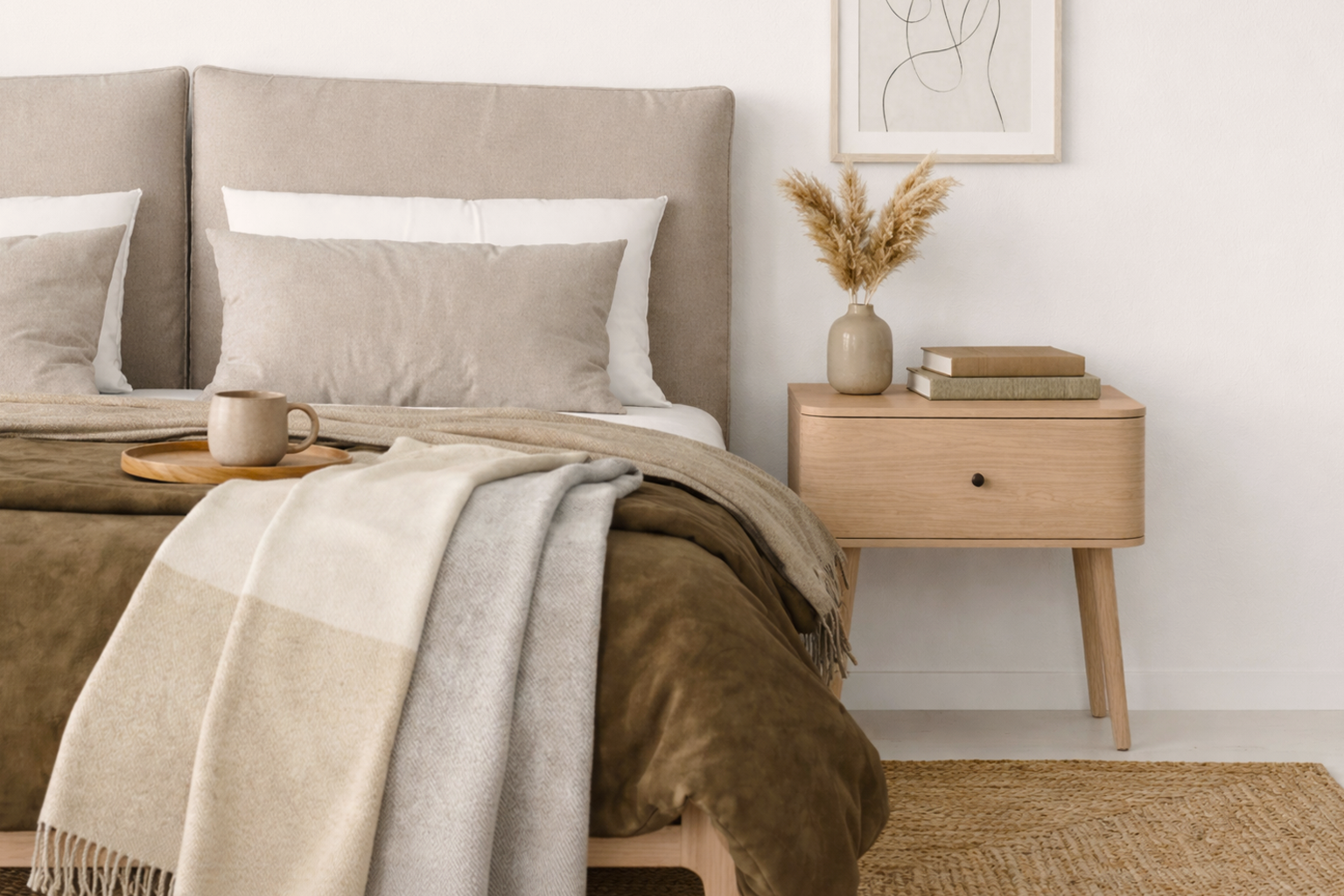 Neatly made bed with beige and brown bedding in a bedroom setting.
