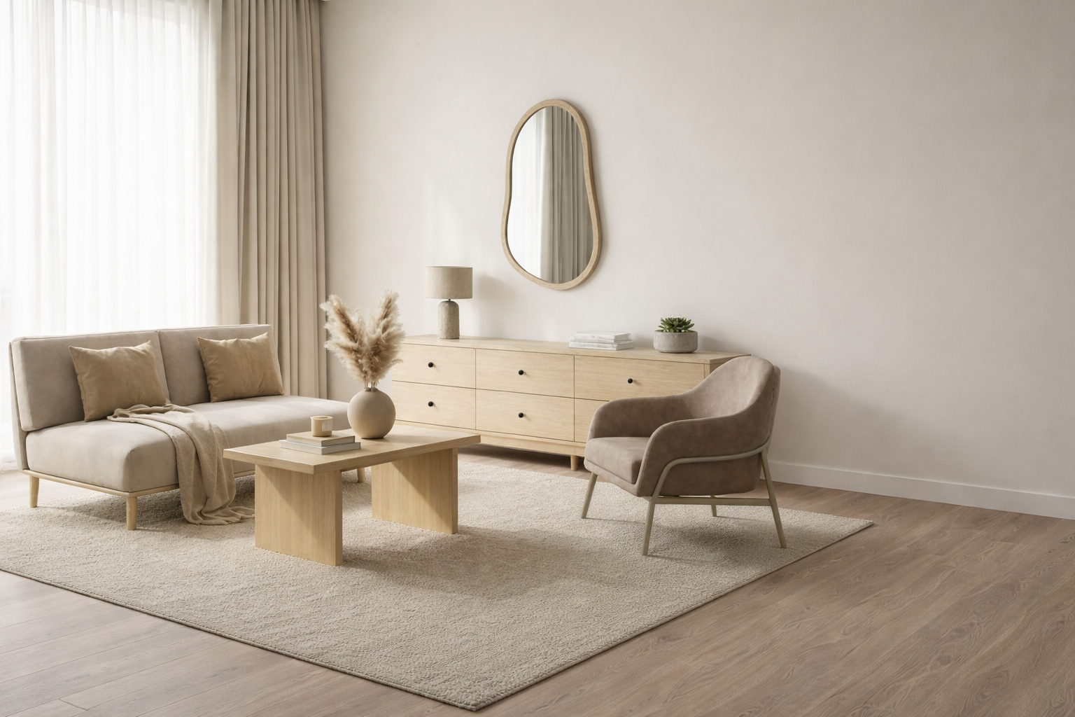 Modern living room with beige sofa, coffee table, and side chair.