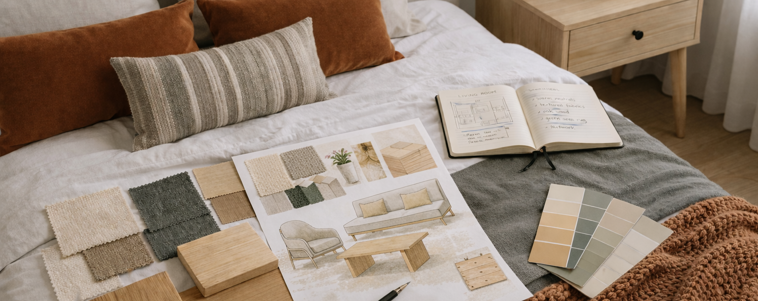 Interior designer mood board layout planning on a styled bed.