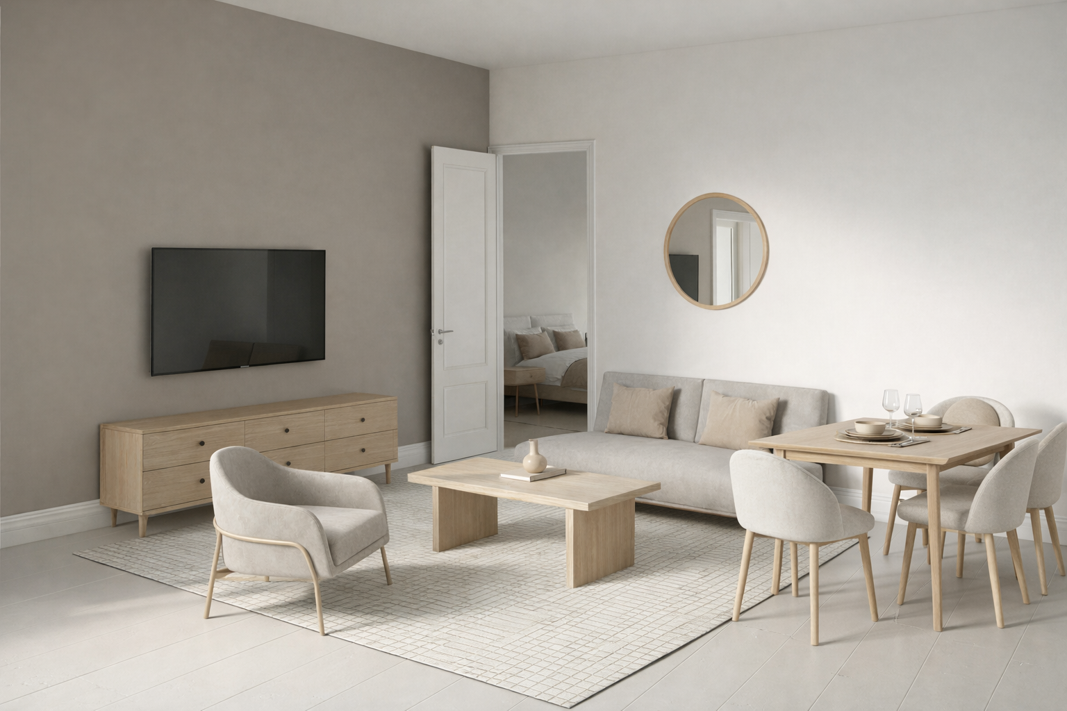 Modern open plan one bedroom apartment in neutral tones featuring a living, dining and bedroom furniture.