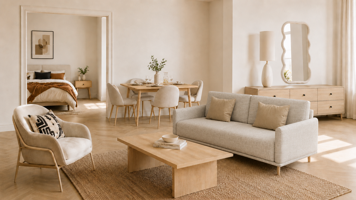 Modern open plan living and dining one bedroom apartment with neutral furniture. 