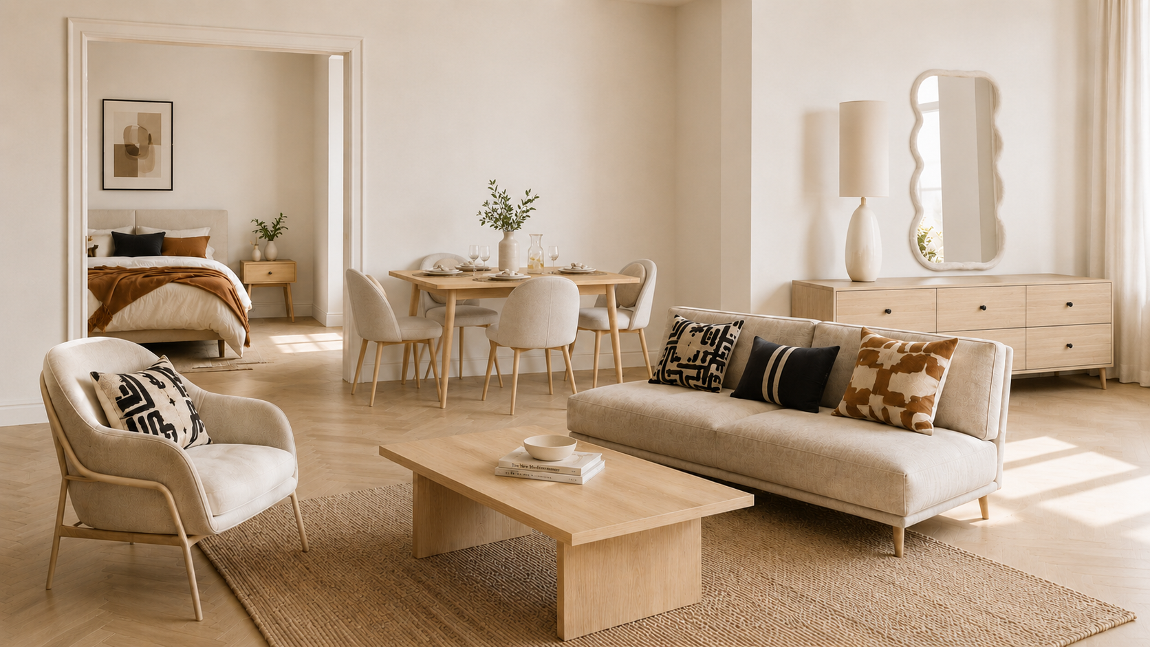Modern open plan living and dining one bedroom apartment with neutral furniture. 