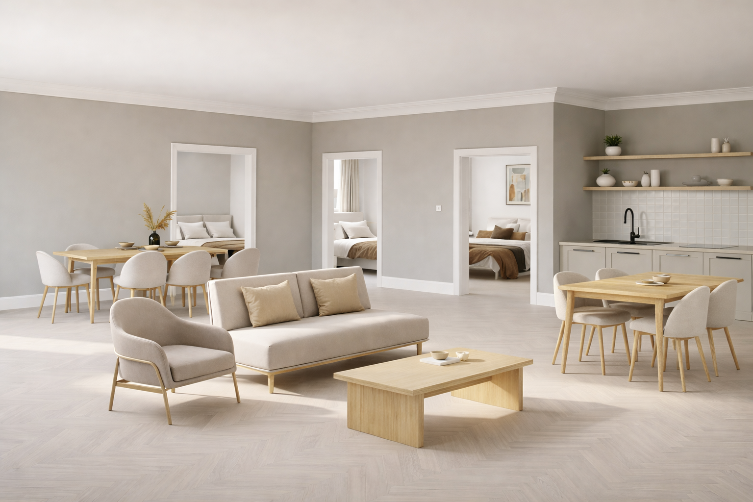 Modern open plan 3 bedroom apartment in neutral tones featuring a living, dining and bedroom furniture.