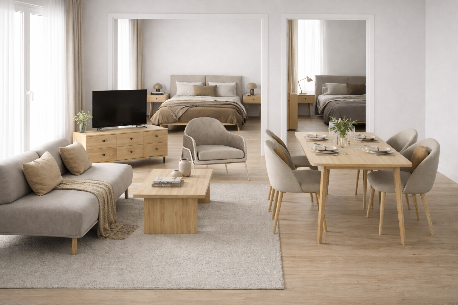 Modern open plan 2 bedroom apartment in neutral tones featuring a living, dining and bedroom furniture.