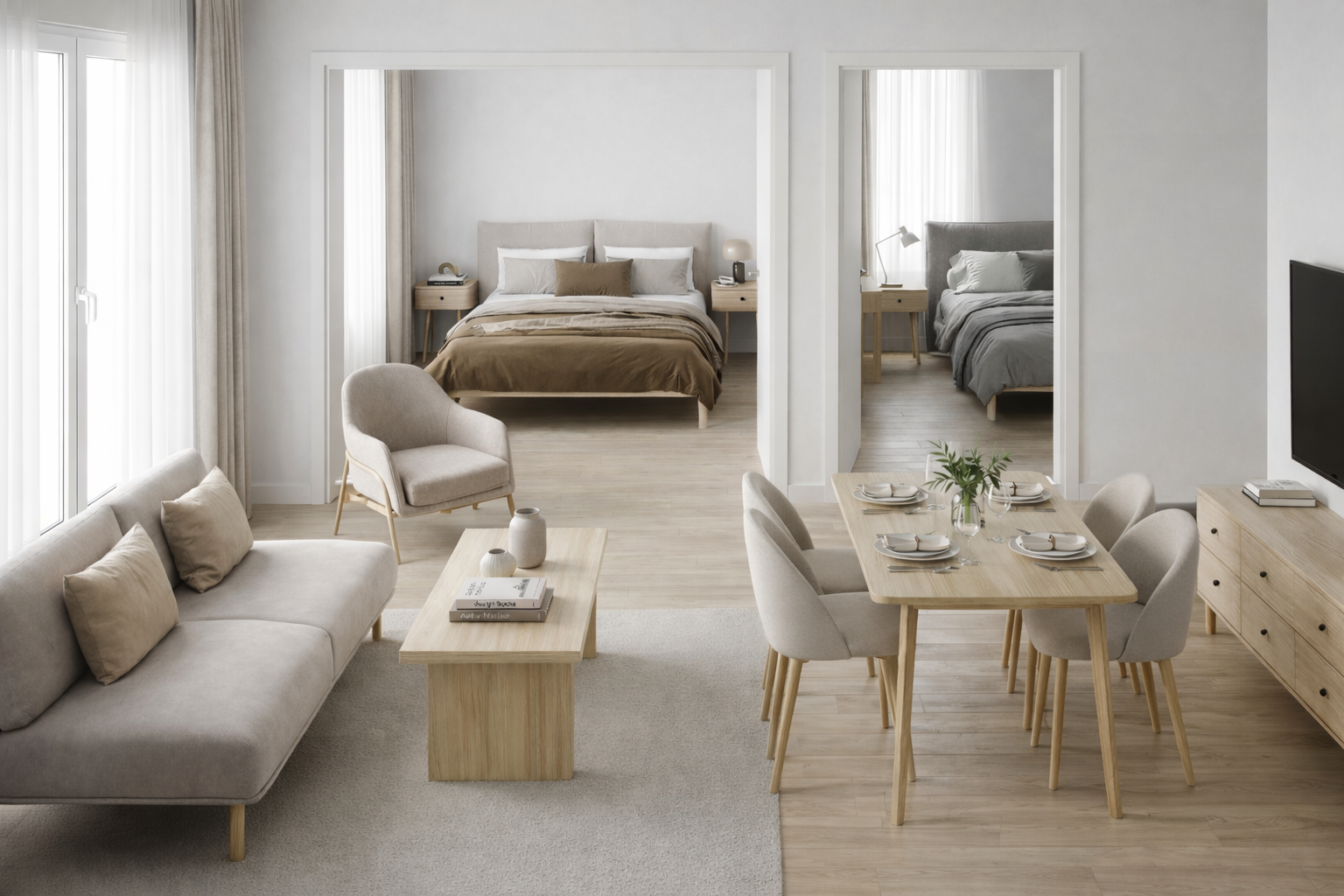 Modern open plan 2 bedroom apartment in neutral tones featuring a living, dining and bedroom furniture.
