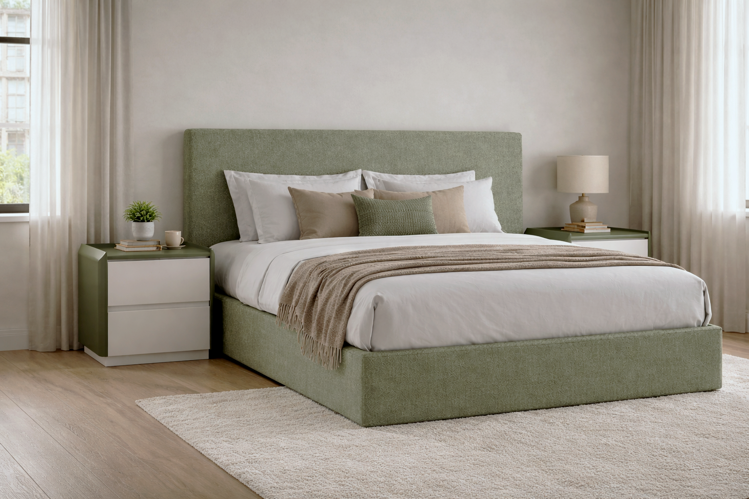Green upholstered bed with white bedding in a bedroom setting