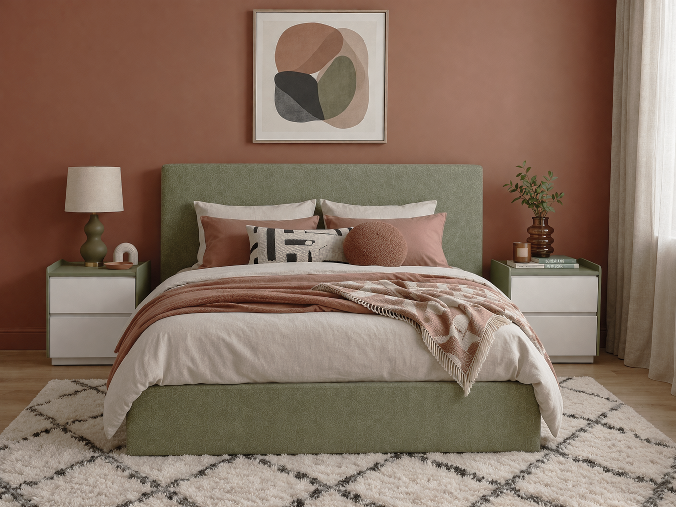 Green upholstered double bed with padded headboard and 2 matching nightstands either side in a warm boho bedroom scene.