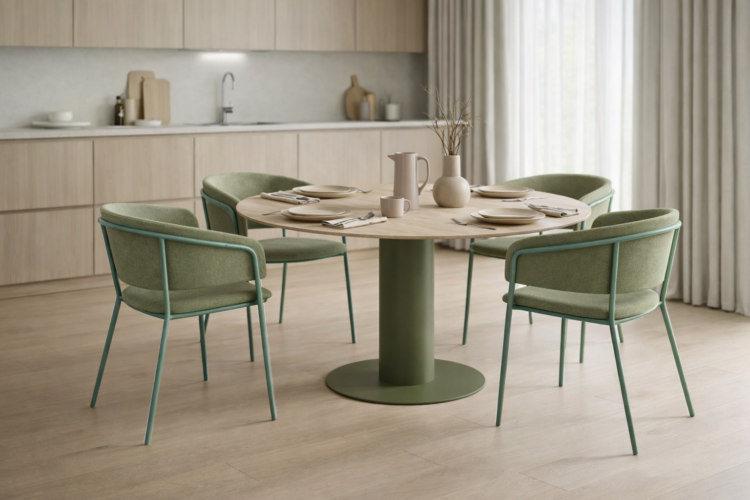 Dining area with a round table and green chairs in a kitchen setting.