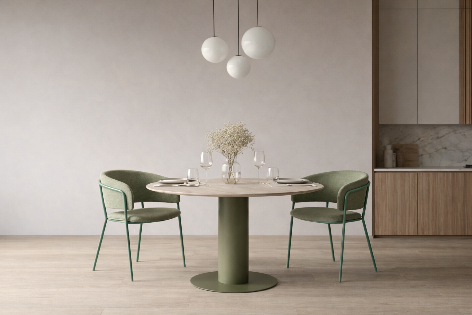 Dining area with a round table and green chairs in a modern kitchen.