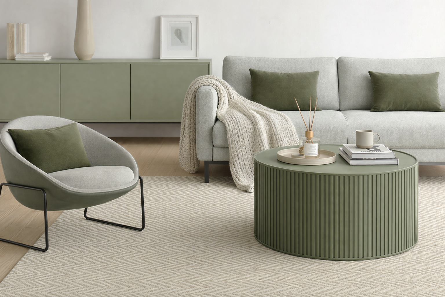 Modern living room with green furniture