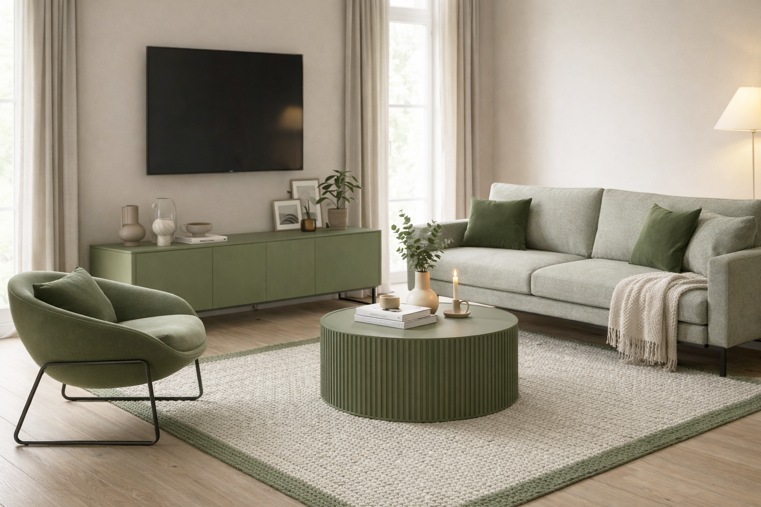 Warm and inviting living room scene with green sofa, armchair, TV unit and coffee table.
