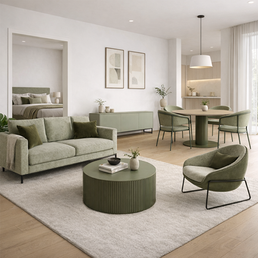 Modern open plan one bedroom apartment in neutral tones featuring a living, dining and bedroom furniture.
