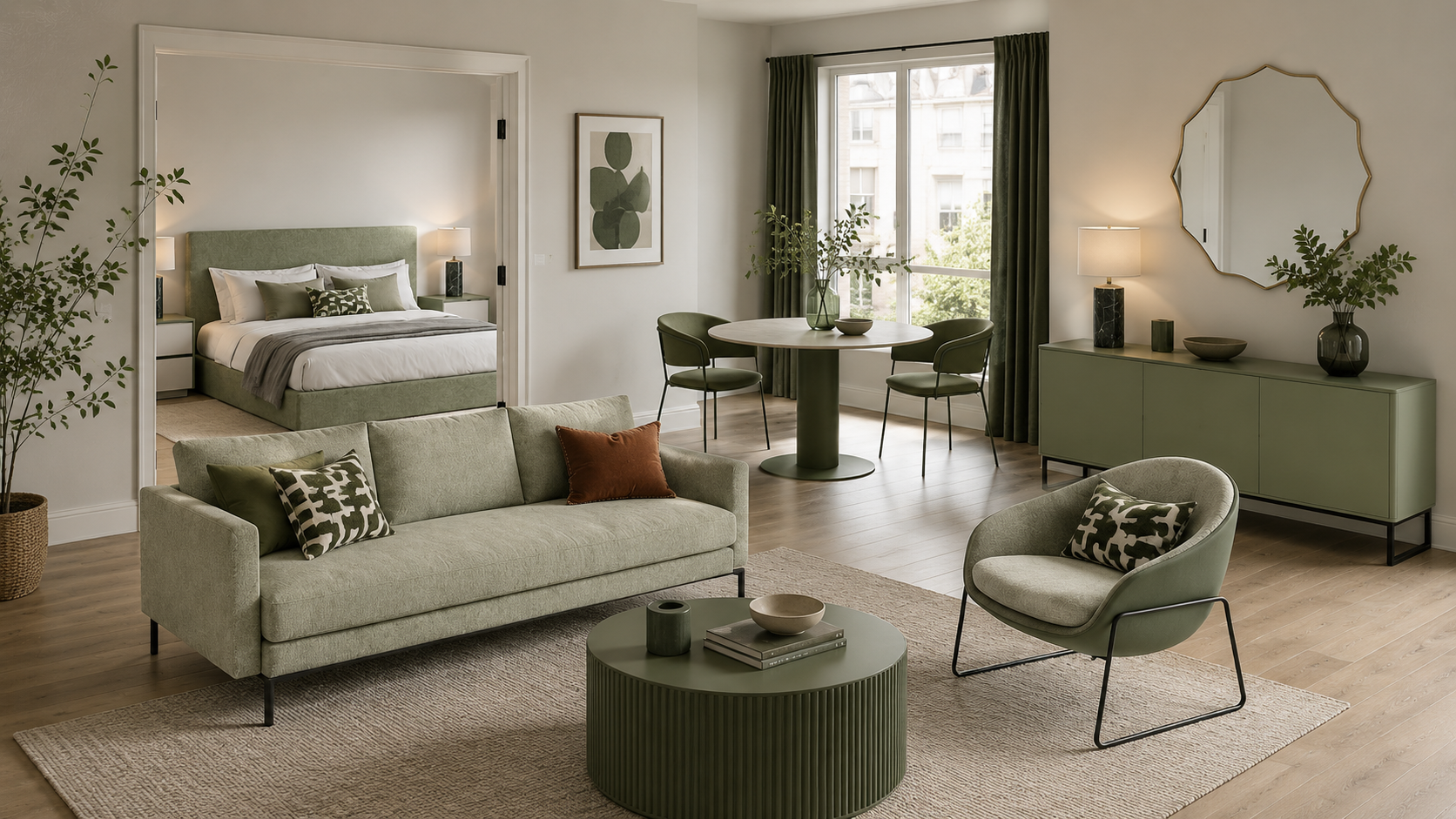 Modern open plan one bed apartment with green furniture.