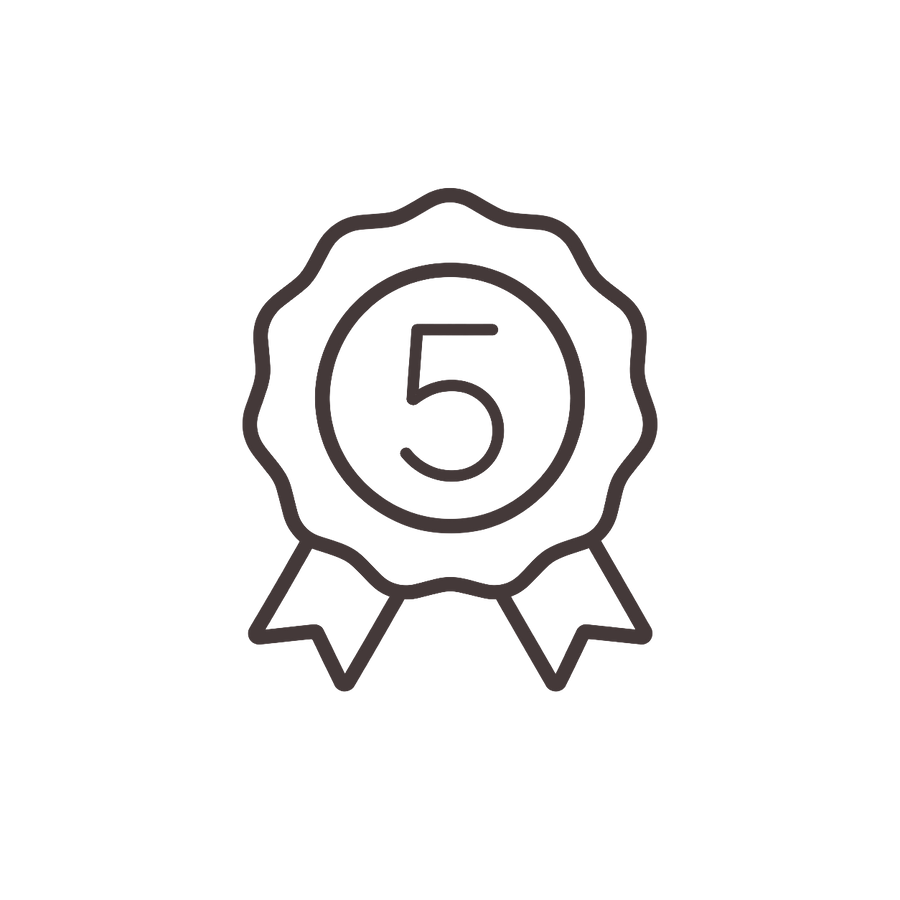 Line art icon of a badge with the number 5 on a white background