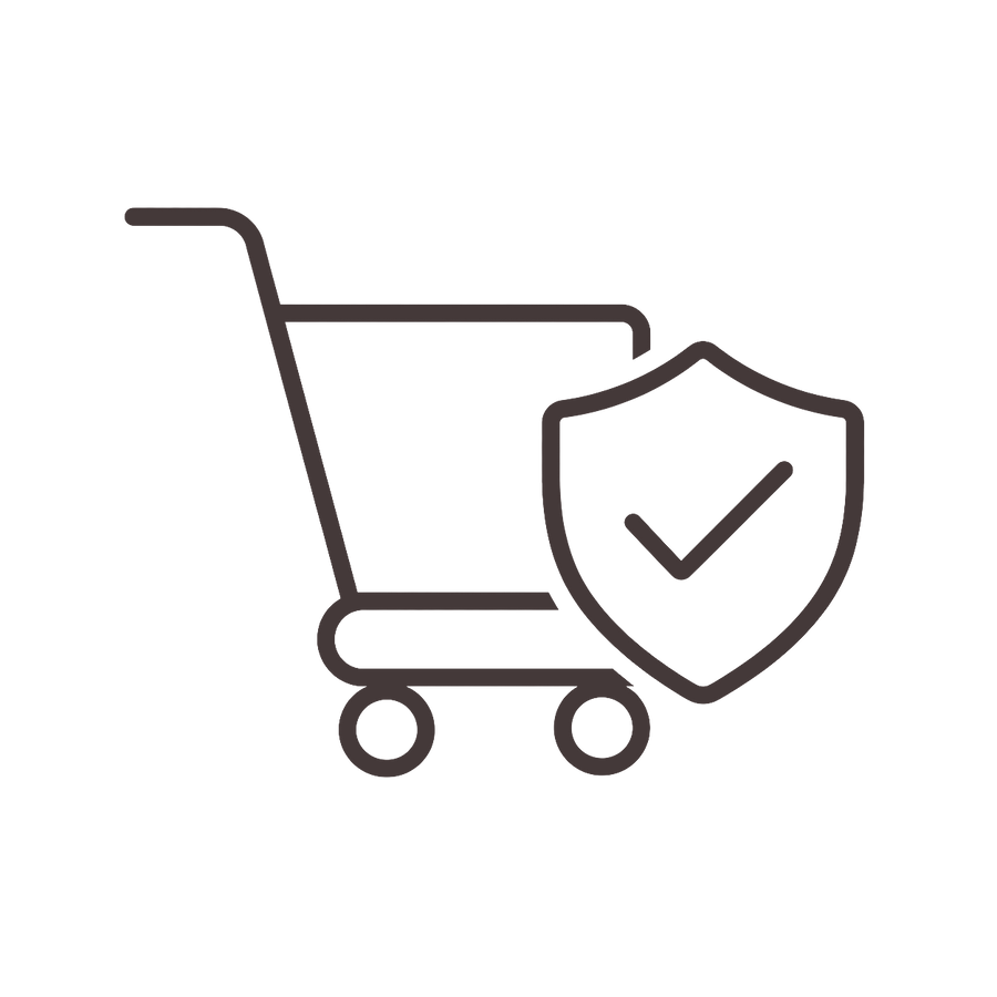 Icon of a shopping cart with a shield and checkmark on a white background