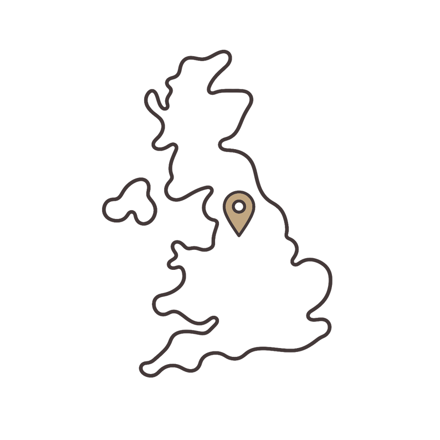 Map of the United Kingdom with a brown pin marker on a white background