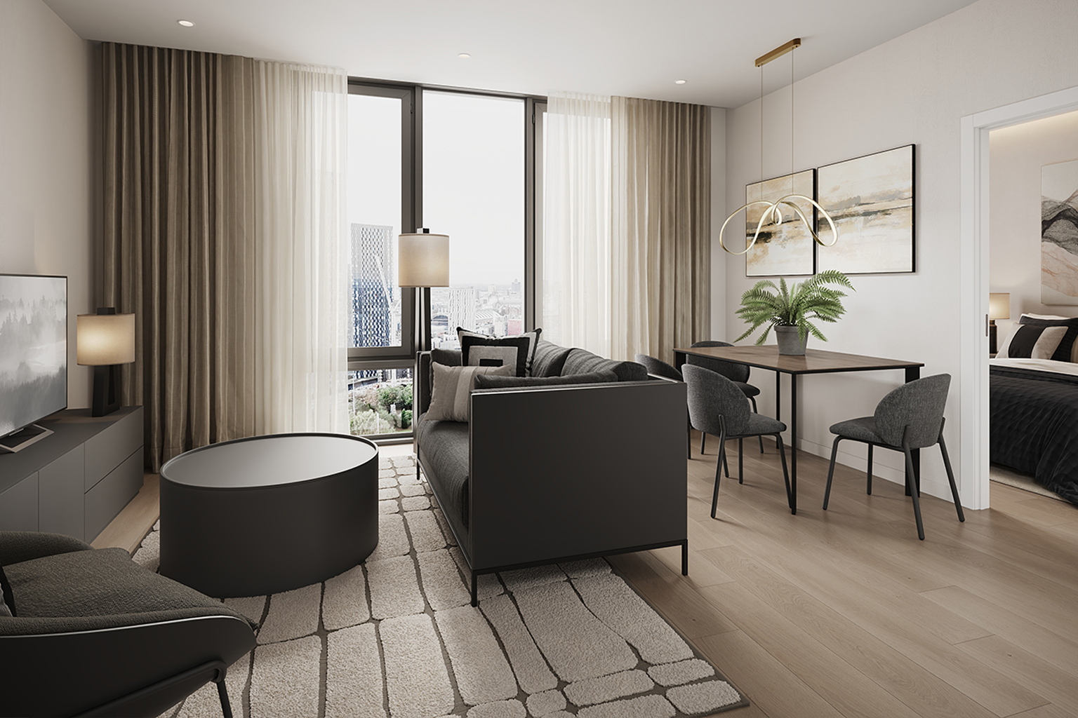 Modern open plan 1 bedroom apartment in neutral tones featuring a living, dining and bedroom furniture.