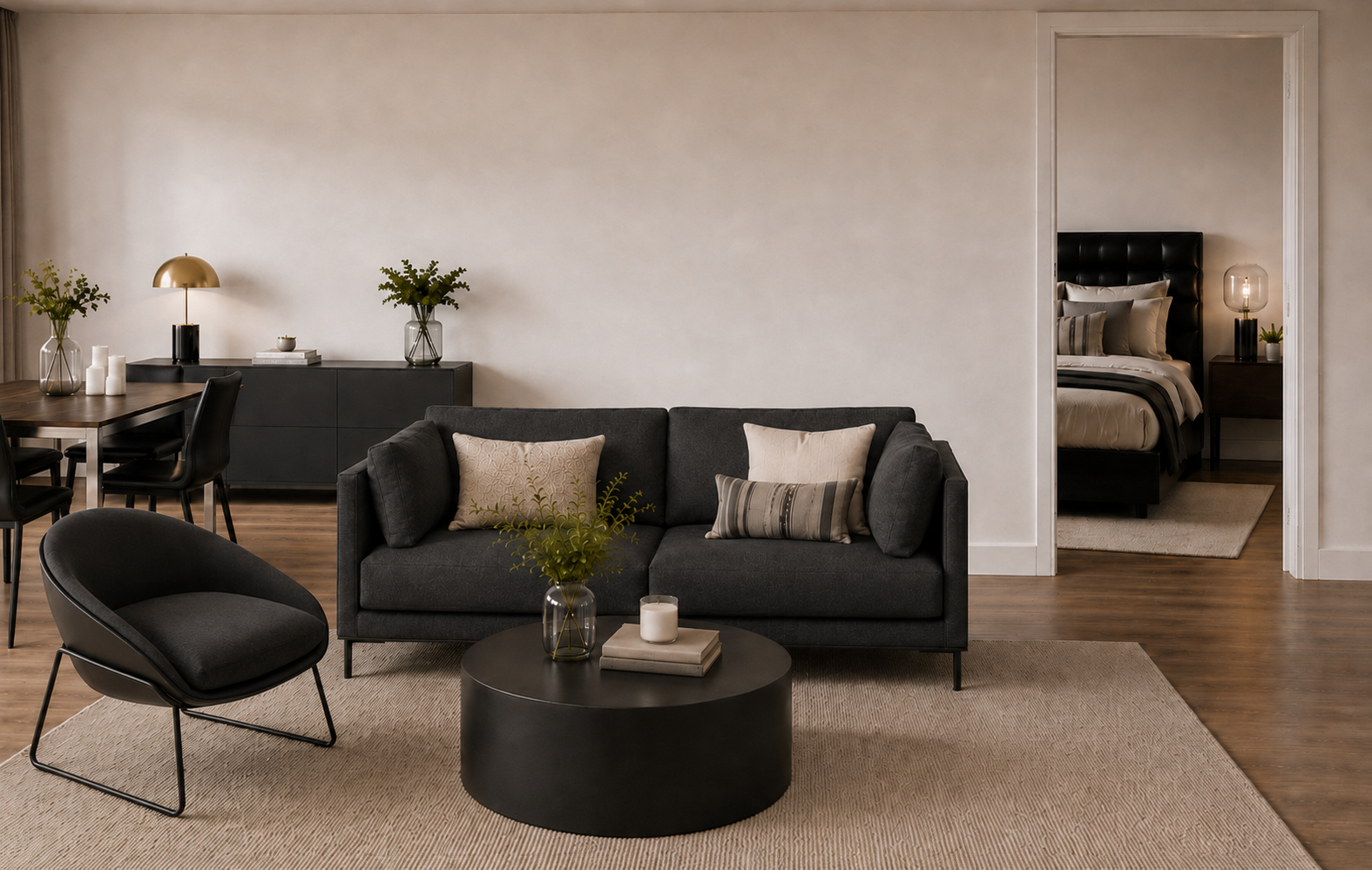 Modern living room with dark grey sofa, round black coffee table, and decorative items.
