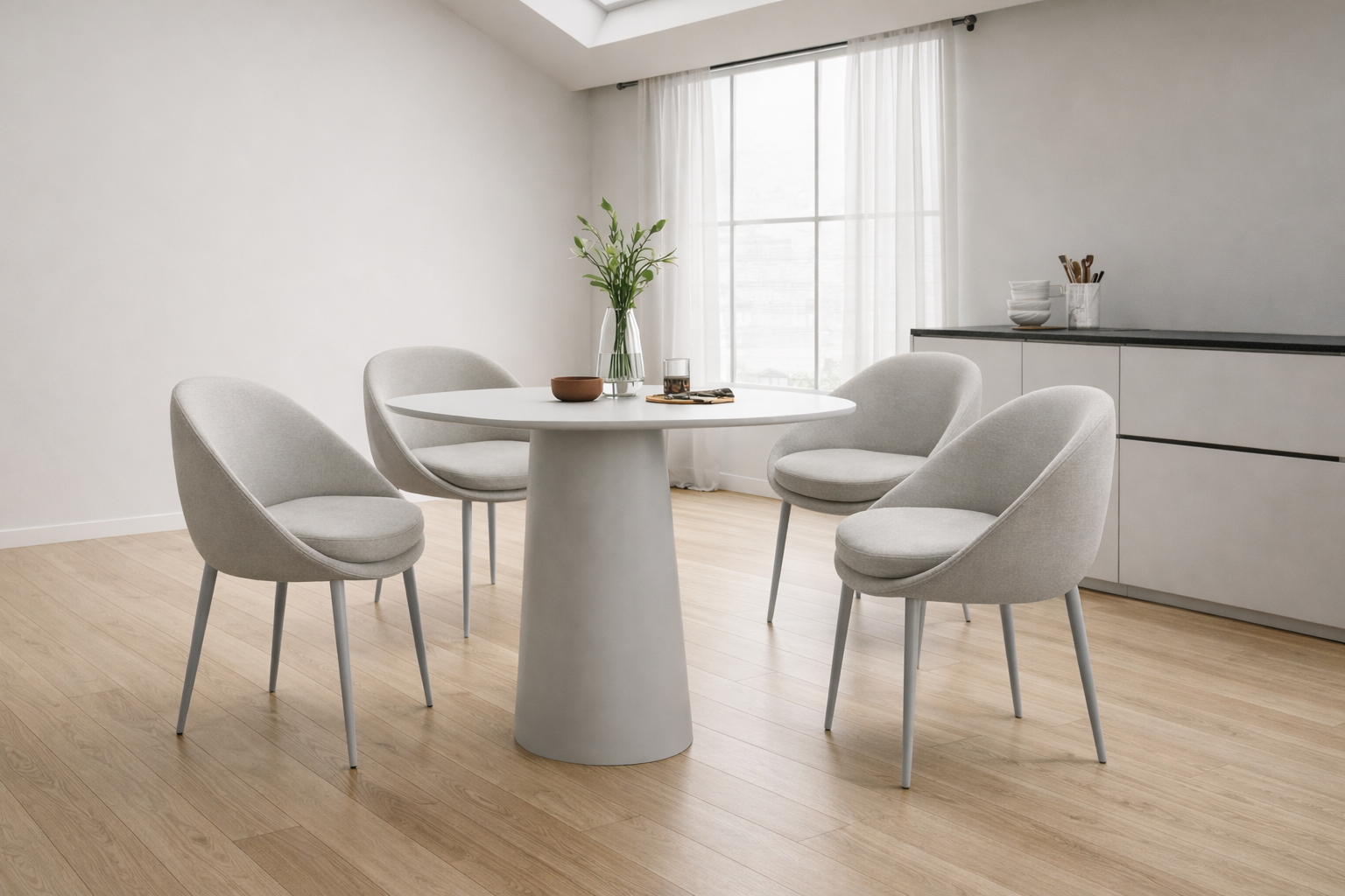 Modern dining area with a grey square table and four chairs in a bright room.